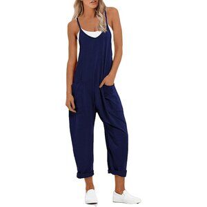 Women Blue Casual Overall Jumpsuit Loose Sleeveless Spaghetti Strap Pants Romper